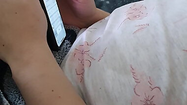 Step son jerk off on step mom mouth while she play on iphone