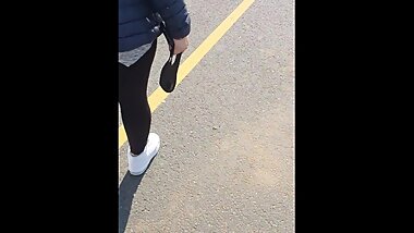 Step mom in black leggings fucked in the car park behind the cars by step son