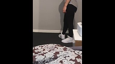 Step mom in black leggings seduce and fuck step son during an porn movie