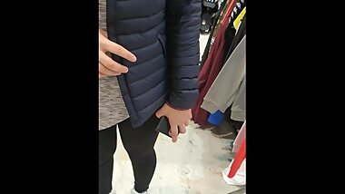 Step mom in black leggings fucked in the changing room for clothes by cashier