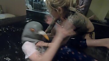 sexy tattooed stepmom makes gamer stepson to take bath