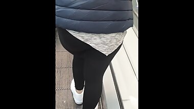 Step mom doesn't wear panties under leggings in supermarket get fucked in front of husband