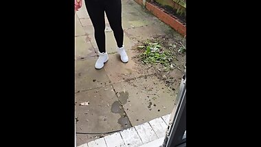 Step mom fucked through ripped leggings by step son in the back yard