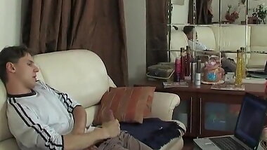 Hot blonde mom caught son jerking off and had sex with him