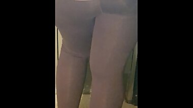 Step mom doesn't wear panties under leggings and seduces step son fucking in the kitchen