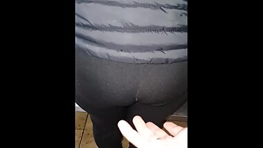 Step mom fucked through black leggings by step son in the kitchen