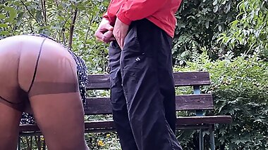 Double pissing stepmom in pantyhose and stepson outdoors