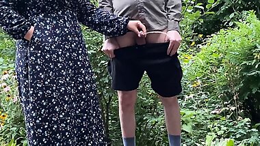 Mommy MILF helps her stepson pee outside and pee standing herself