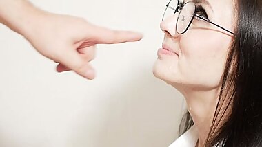 Bespectacled slattern gives romantic messy blowjob to her lewd lover.