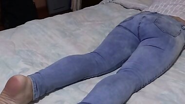 My young lover can't resist anymore and she cums on my ass with my jeans on