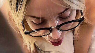 stepmom gave a blowjob and got cum on glasses