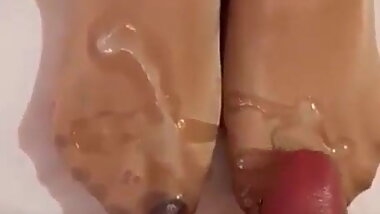 School friend cums on my step mom's feet in pantyhose